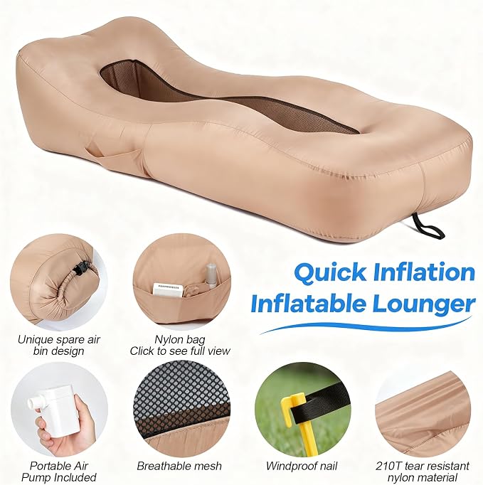 Inflatable Lounger Air Sofa with Unique Sun-Shade, Waterproof Inflatable Beach Bed with Electric Pump, Lightweight Air Hammock Chair for Hiking Backyard Travel Beach Park Picnics（Beige）
