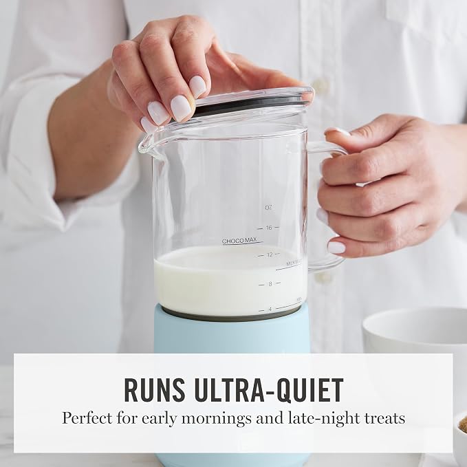 Martha Stewart Milk Frother and Steamer, 10oz/300ml Glass Cup, 4 Presets (Cold Foam, Light, Dense & Hot Chocolate), Ready in 90 Seconds, Cordless Pouring, One-Touch for Hot and Cold Milk, Sky Blue