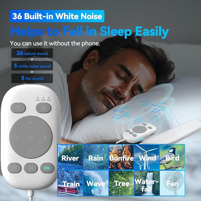 Pillow Speaker with Remote for Sleeping - Bone Conduction Speaker with 36 Built-in White Noise, Silent Bluetooth Speakers Under Pillow, Portable Sleep Bar (with TF Card, White)