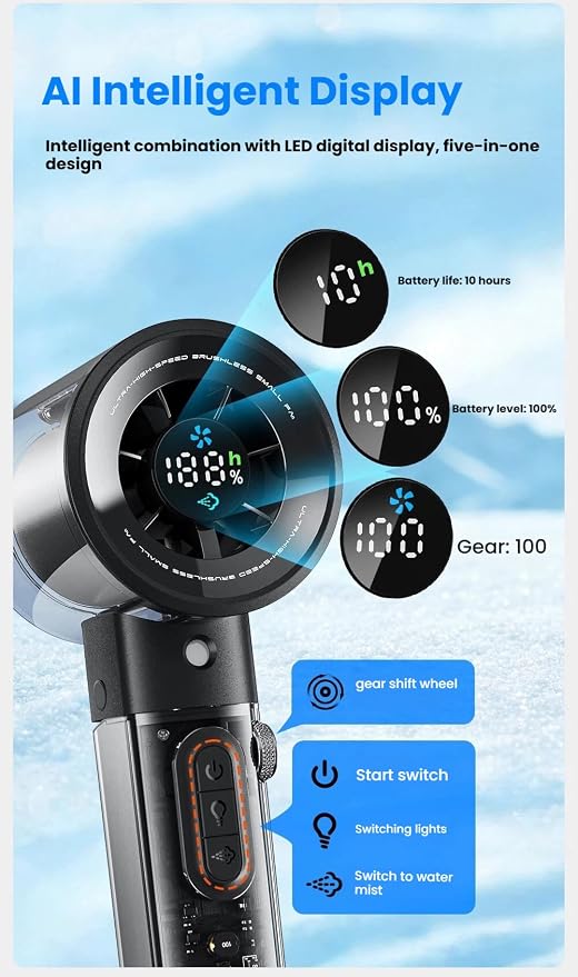 Portable Handheld Misting Fan with 100 Speeds, 3000mAh Rechargeable Battery (17H), Smart LED Display & Flashlight, Personal Mini Cooling Fan for Travel, Disney, Concerts, Makeup (BLACK)