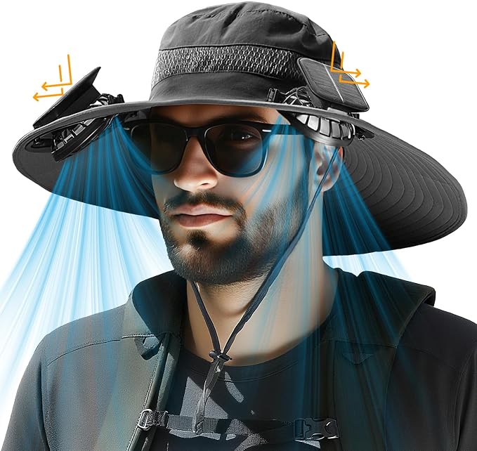 Solar Fan Hat for Men - Wide Brim Cooling Hat with 2 Built-in Solar & USB Rechargeable Fans for Fishing Hiking