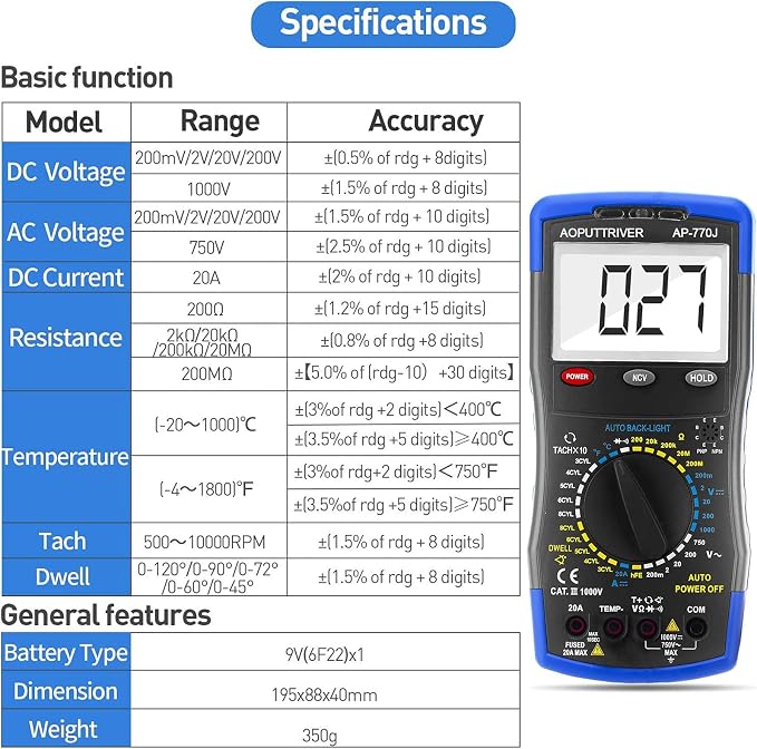 Digital Multimeter AP-770J Automotive Multimeter Engine Analyser Manual Ranging NCV Multi Tester Measure Voltage/Current/Resistance/Temp/RPM/Dwell Angle with Data Hold+Backlight+Auto Off+℃/℉
