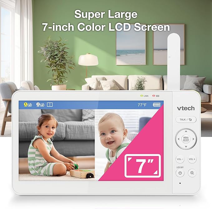 VTech 2-Cameras Video Baby Monitor with 7" Color LCD Screen, Rechargeable Battery, Video and Audio Streaming, Pan-Tilt-Zoom, Touch Multi-Color Night Light, Two-Way Talk: Advanced Max Twin (Green)