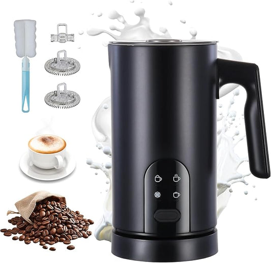 Electric Milk Frother Automatic Hot & Cold Foam Maker Auto Shut-Off Durable Stainless Steel Milk Frother with 4 Functions Enjoy Perfect Milk Froth in 2 Min for Coffee, Latte, Macchiato (Black)