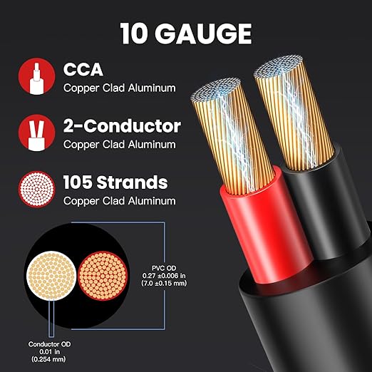 10 Gague Outdoor Speaker Wire 200 Feet - 2 Conductor Direct Burial Speaker Cables CL3 CL2 Rated, UV Resistant CCA Cable for Garden, Patio, Pool Audio Systems