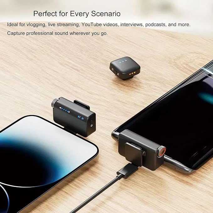 Wireless Lavalier Microphone for iPhone/Android/Camera, Mini Lapel Mic with 2 TX + 1 RX + Charging Case, Noise Cancelling, 48H Battery, 250M Range, Plug-Play for Vlogging Live Streaming