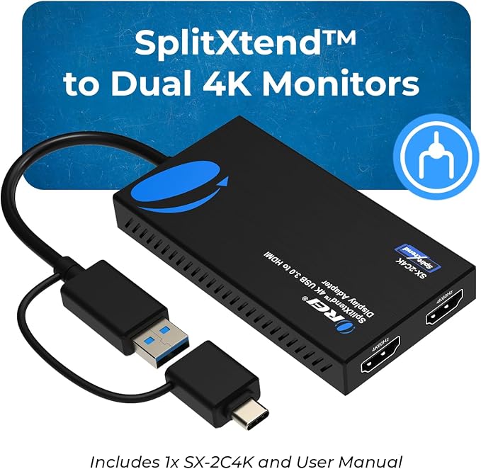 OREI SplitExtend 4K HDMI Splitter Extended Display for Dual Monitor - Multi-Monitor Display 3 Separate Screens - USB A & USB-C Adapter to HDMI 2.0, 4K@60hz, DisplayLink Driver MacOS, Windows