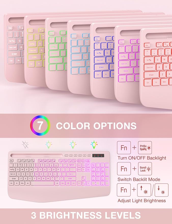 Wireless Keyboard and Mouse Combo, 9 Backlit Effects, Wrist Rest, Phone Holder, 2.4G Lag-Free Ergonomic Keyboards, KM22 MAX Rechargeable Silent Set for Computer, Laptop, Mac, Windows -SABLUTE（Pink）