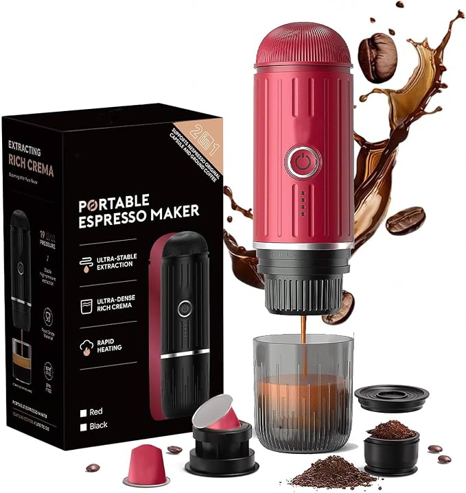 Portable Espresso Machine, 2-in-1 Hot/Cold Brew & Fast Self-heating with USB-C,Travel Coffee Maker with 7800mAh for Camping RV Hiking Compatible with NS Capsules & Ground Coffee Red