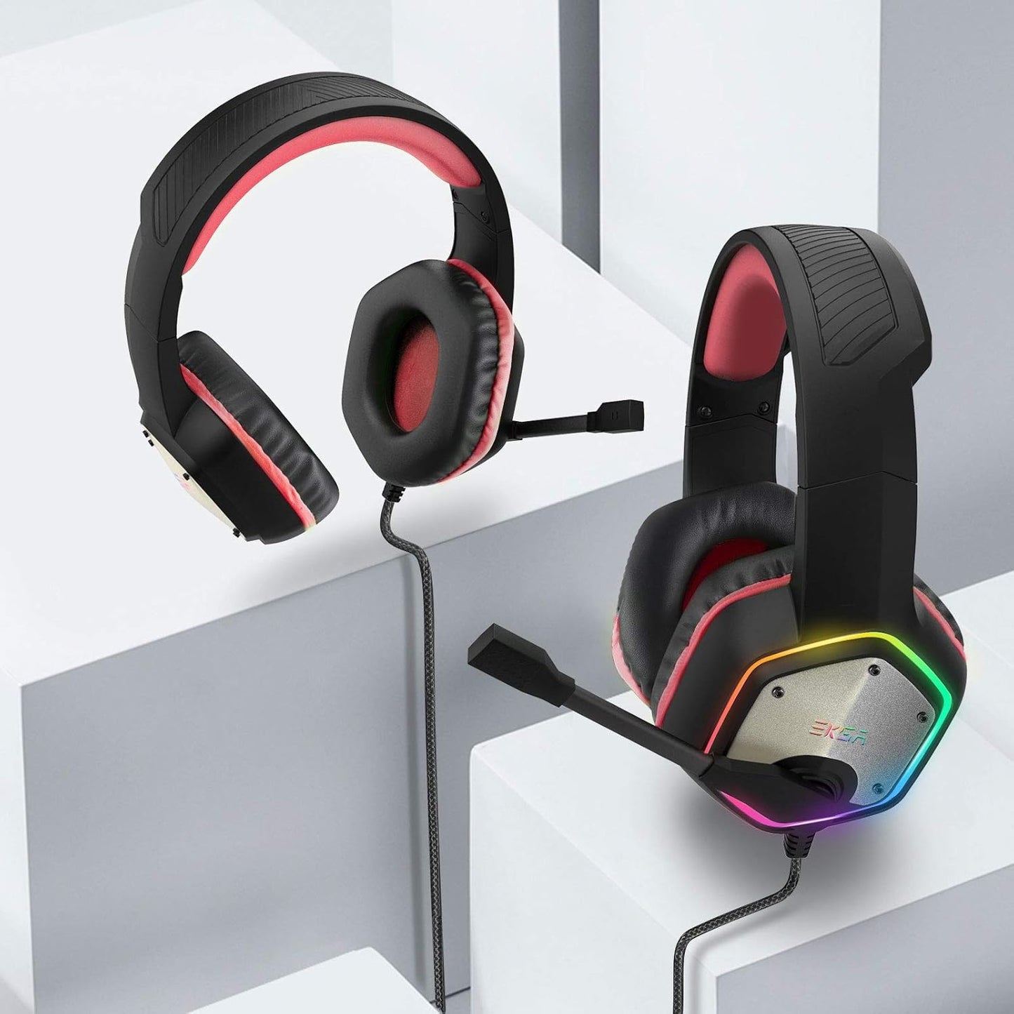 EKSA E1000 Gaming Headset, Computer Headphones with Noise Canceling Mic & RGB Light, 7.1 Surround Sound, Compatible with PC, PS4 PS5 Console, Laptop (Red)