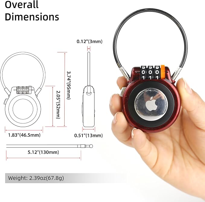 Luggage Lock AirTag Holder with 3 Digit Combination and Steel Cable, Metal Tracker Tag Case Compatible with Apple AirTag, for Suitcase Backpack Stroller Travel Gear Car Vehicles Tracking