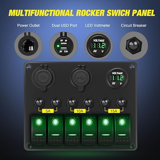 Nilight - 90123F 6 Gang ON Off Rocker Switch Panel Green Backlit 12V24V LED Digital Voltmeter Dual USB Charger Cigarette Lighter Socket Overload Protection Switch Panel For Cars RVs Boats