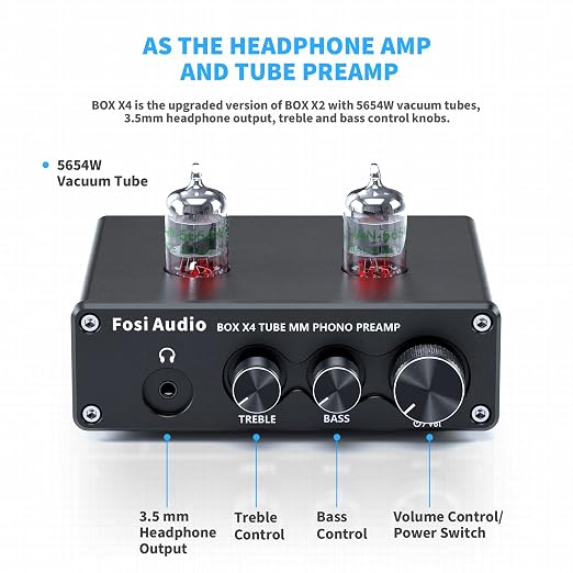 Fosi Audio Box X4 Phono Preamp with JAN 5725W Vacuum Tubes for MM Turntable Phonograph Record Player with Volume Bass Treble Control