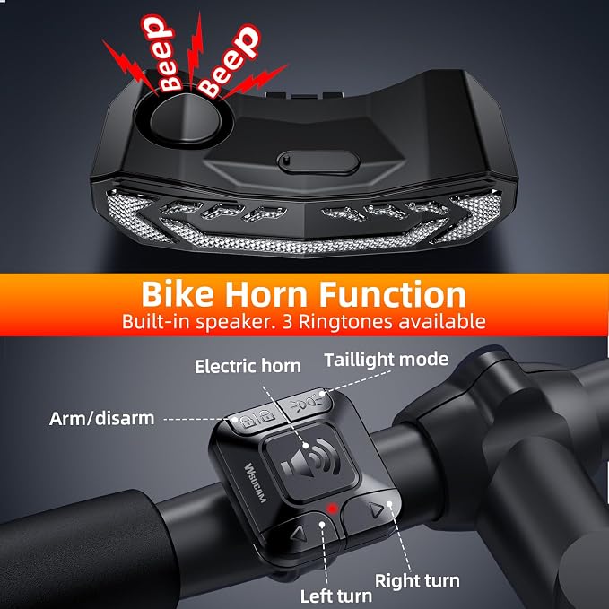 WSDCAM Smart Bike Seat/Bike Basket Tail Light with Turn Signals and Brake Light, Bike Alarm Horn with Remote, Rechargeable Rear Bike Light for Night Riding, Waterproof Bicycle Tail Light with Mount
