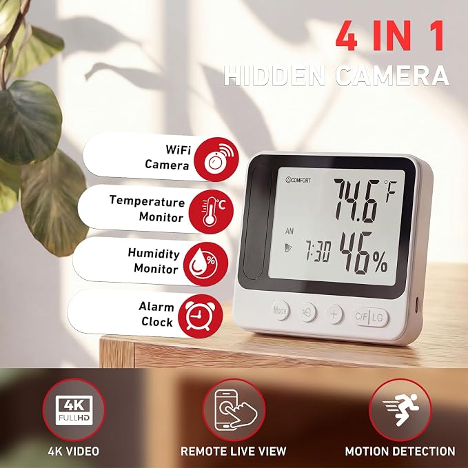 Hygrometer with Hidden Camera 4K WiFi Nanny Cam with Humidity and Tempreture Monitor, Motion Detection, Night Vision, Live View by Phone
