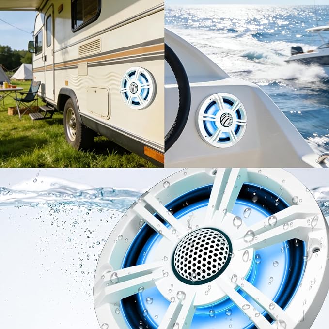 6.5" 800W Marine Speakers, IP-X6 Waterproof Boat Stereo Speakers with LED Lights, 2-Way Coaxial Audio, Y35 Woofer, UV & Salt Spray Resistant (Pair, White)