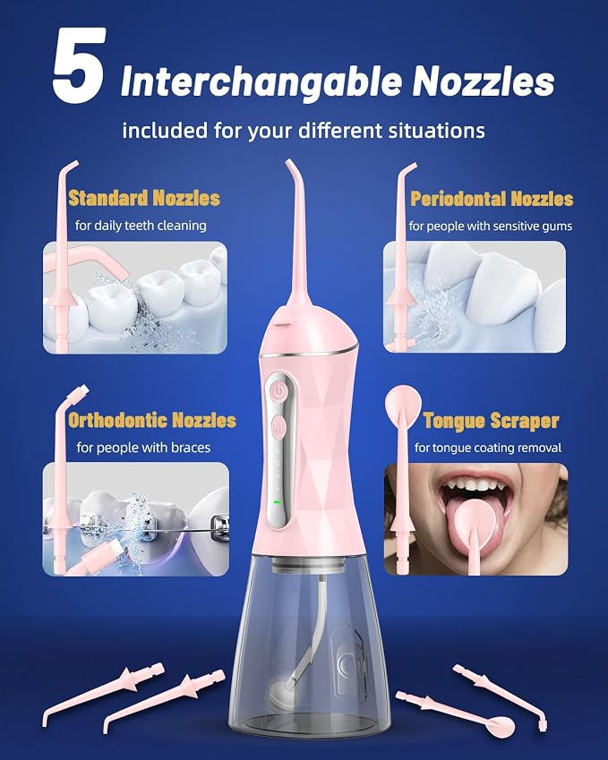 Electric Water Dental Flosser - Cordless Portable Teeth Cleaner, Rechargeable 320ML Larger Water Tank Oral Irrigator, 4 Modes with 5 Jet Tips and Travel Bag, IPX7 Waterproof (Pink)