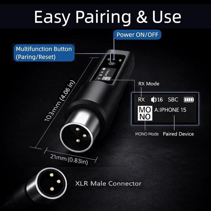 Wireless XLR Bluetooth Receiver, High-Fidelity Audio Adapter for PA Speakers, Mixers & Live Sound, OLED Display, 14H Battery