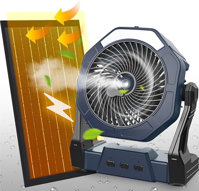 Ausic 10W Misting Solar Fan, 250ml Portable Outdoor Fans with Solar Panel, 8 Inch Battery Operated Rechargeable Cooling Fans with Hook, Camping Water Spray Fan for Travel/Beach/Patios/Chicken Coop