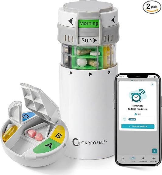 Pill Dispenser with Pill Cutter and App Reminder – Locked Vitamin Medication Dispenser & Portable Medicine Storage Box, Travel-Friendly Pill Organizer for Daily Medication Use | No Batteries Needed
