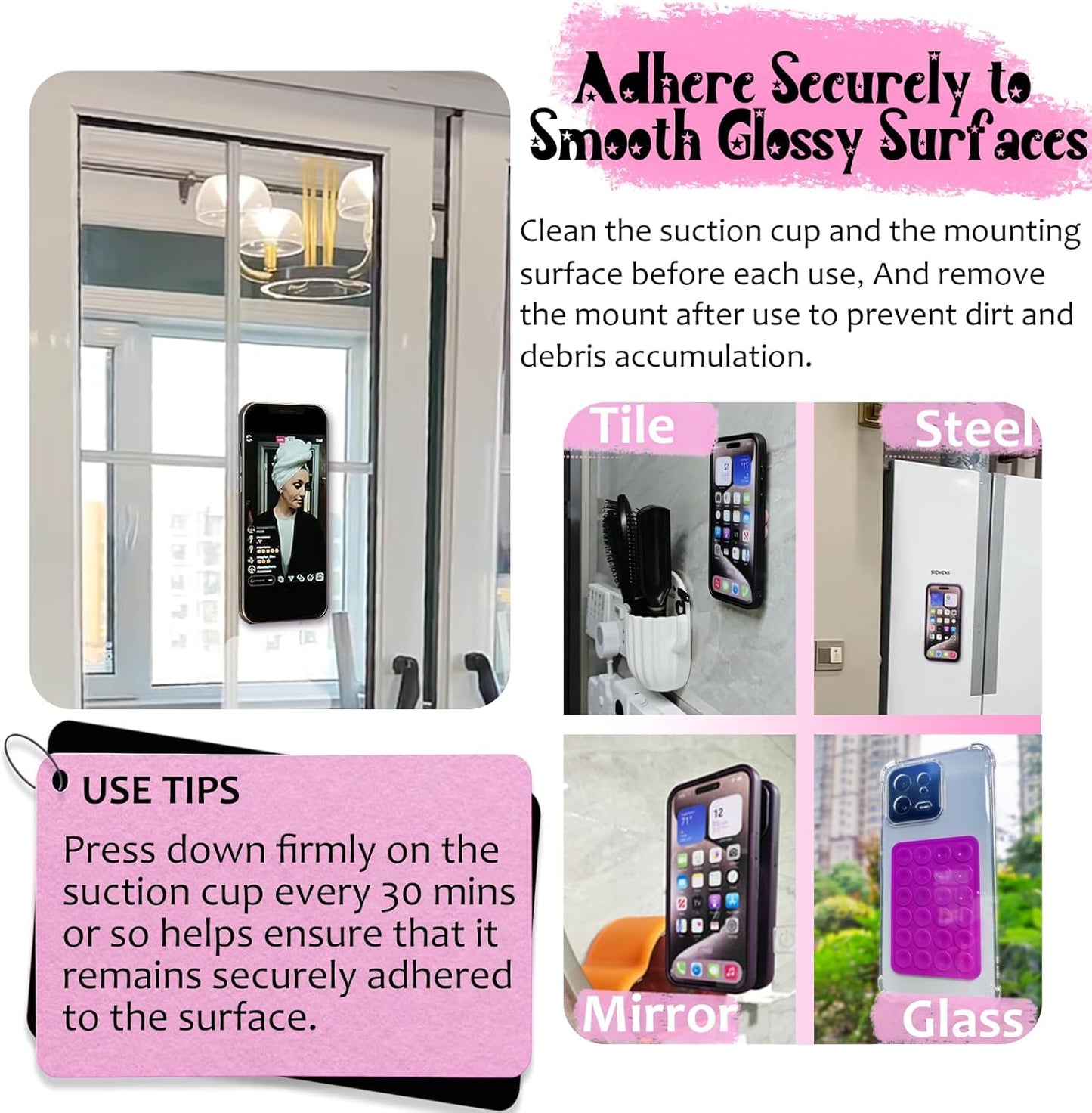 Silicone Suction Phone Case Mount 3 Pack, Silicon Adhesive Suction Cup Phone Mount, Non Slip Sticky Phone Grip for Cellphone, Strong Grip Holder for Selfies and Videos (Black)