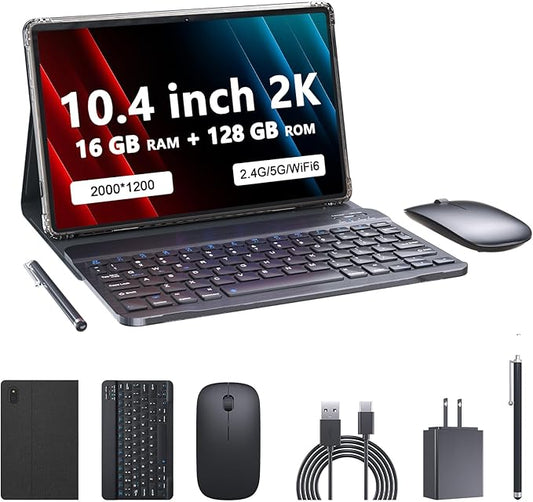 PEICHENG Tablet with Keyboard and Case, Android 13.0 10.4 Inch, 16GB RAM+128GB ROM, 2000 * 1200 2K FHD Display, Powerful 2.0Ghz CPU, 2.4G and 5G and WiFi 6, Bluetooth 5.0, 2 in 1 Tab, Black