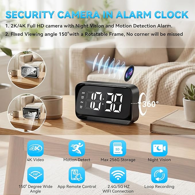 4K FHD Security Mini Camera Alarm Clock, 2.4G&5G WiFi Nanny Cam with Night Vision and Motion Detection Alert, Wide Angle Surveillance Camera for Pet Baby Monitoring, APP Remote Control by Mobile Phone