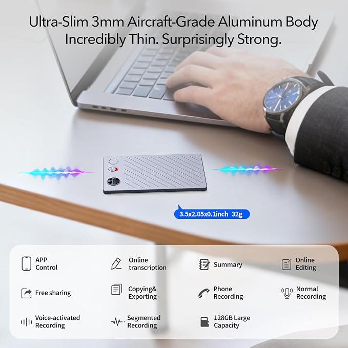 Ultra-Thin AI Voice Recorder with APP Control Support Unlimited Transcribe & Summarize, AI Note Taker with DSP Noise Cancellation,AI Recording Device for Meetings, Interviews, Lectures, Calls, Grey