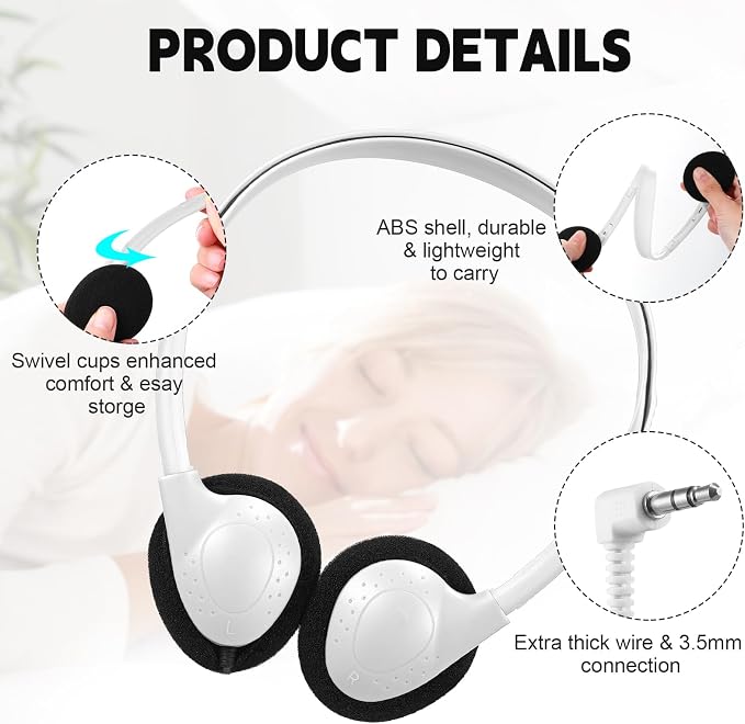 Konohan 30 Pack Headphones Bulk Headphone for School Classroom Student Wired Headphones Adjustable with 3.5 mm Jack for Adults (White)