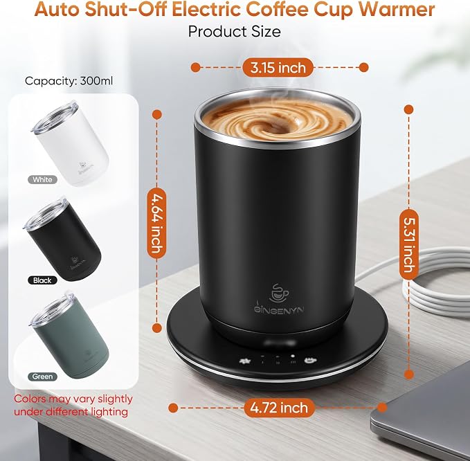 Self Stirring Coffee Mug, Self Heating Coffee Mug, Heated Cup with 3-Level Smart Temperature Control, Auto Shut-Off Electric Coffee Cup Warmer with Detachable Base, Gift for Family Friends (Black)