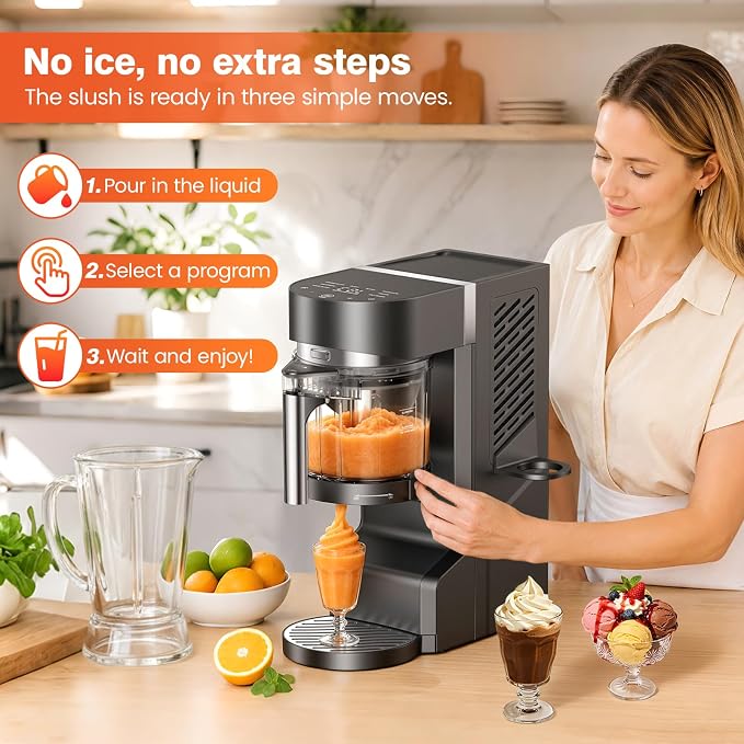 Slushie Machine, Ice Cream Maker, Slushy Machine for Home and Families, No ice needed with Rapid Chill & Temperature Control, Multi-function for Margarita, Frappé, Easy to Clean, Grey