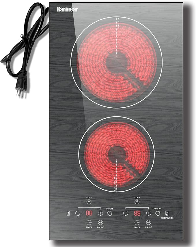 Karinear Portable Electric Cooktop 2 Burners, 110v Plug in Electric Stove Top, Countertop Use or Built-in Install, 12'' Ceramic Cooktop with Beautiful Wooden Pattern