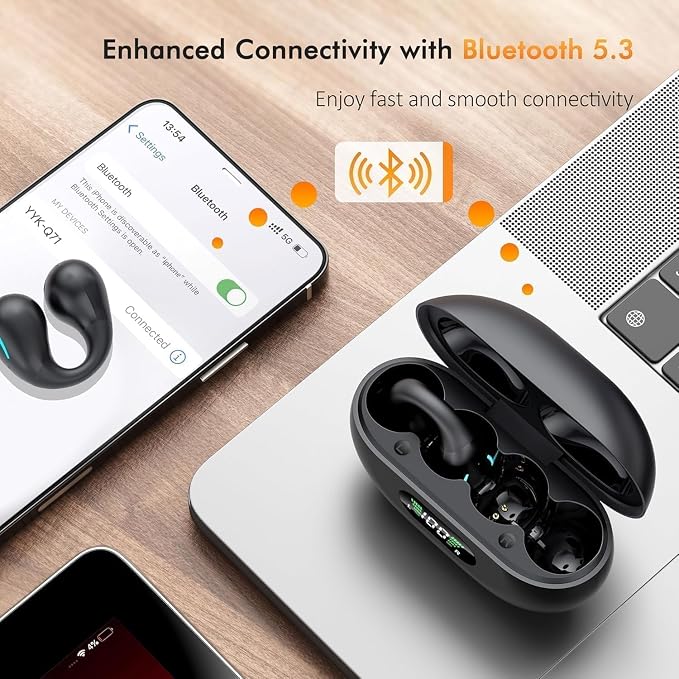 Open Ear Bone Conduction Headphones, Bluetooth Lightweight Clip On Earbuds Comfort with Digital Display Charging Case Sport Earphones Built-in Mic Waterproof for Running Fitness Exercise, Matte Black