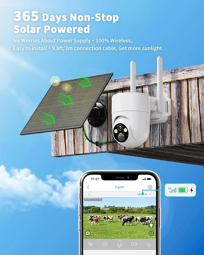 LIWAN Cellular Security Camera, No WiFi Needed, 360° Live View Off Grid Cam | 4G LTE Solar Security Camera with SIM Card, 2K Color Night Vision, Wireless Outdoor Camera for Farm, Cabin, Construction Site