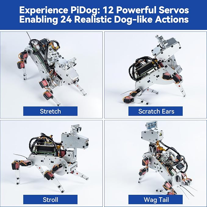 SunFounder PiDog AI Robot Dog Kit for Raspberry Pi 5/4/3B+/Zero 2W, Openclaw LLMs ChatGPT/Gemini/Grok, Voice&Video Recognition, Python, App, Gyroscope, Camera (RPI NOT Included)