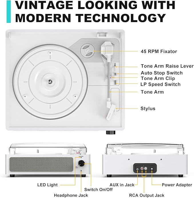 Vinyl Record Player with Speakers Vintage Turntable for Vinyls Records, Belt-Driven Turntable Support 3-Speed, Wireless Playback, Headphone, AUX-in, RCA Line LP Vinyl Players for Sound Enjoyment White