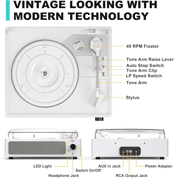 Vinyl Record Player with Speakers Turntable Belt-Driven Turn Table Support 3-Speed 3 Size BT Wireless Playback Headphone AUX-in RCA Line LP Phonographs Audio for Beginner Classic Pure White
