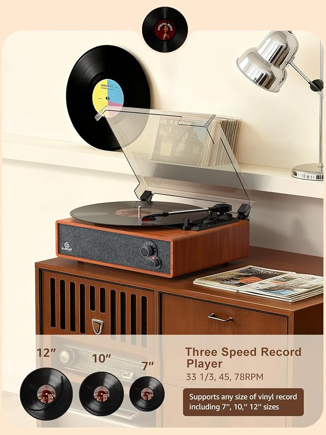 Record Player Built-in Stereo Speakers Vintage Turntable for Vinyl Records LP Phonograph Auto Stop Tone Adjustment Belt Drive 3 Speed 3 Size Support Wireless Input RCA Output Retro Wooden Walnut