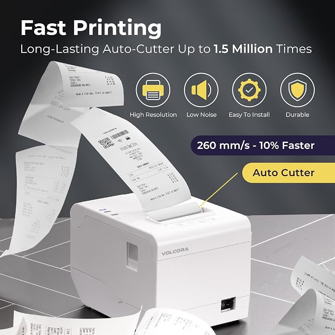 Volcora Thermal Receipt Printer, 80mm POS Printer w/Auto Cutter, USB/WiFi Interface for Windows/MAC/Linux, ESC/POS Command Support Cash Drawer, High Speed Kitchen Printer, Wall Mount (White)