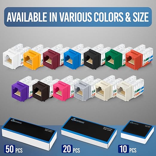 Everest 90° Angled RJ45 Cat6 Keystone Jacks 10-Pack in Brown - Slim Profile Female RJ45 Connectors - Cat 6 Keystone Jack - Compatible with 90° Angled Speed Termination Tool - easyJACK (B094WB91H3)