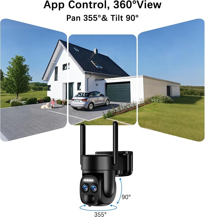 BEENOCAM 4K Dual Lens Solar Security Cameras Wireless Outdoor, 2.4G/5Ghz WiFi, 355° Pan/Tilt Home Security Camera with 8MP Color Night Vision, PIR Motion Detection, Spotlight Alarm, 2-Way Audio