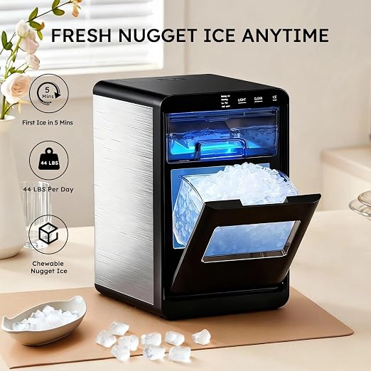 Mojgar Nugget Ice Maker Machine, 44Lbs/24H Ice Machine & Countertop Ice Maker with Ice Scoop & Basket, Ready in 5 Mins | Self-Cleaning | Low Noise | Pellet Ice Machine for Home, Kitchen, Office