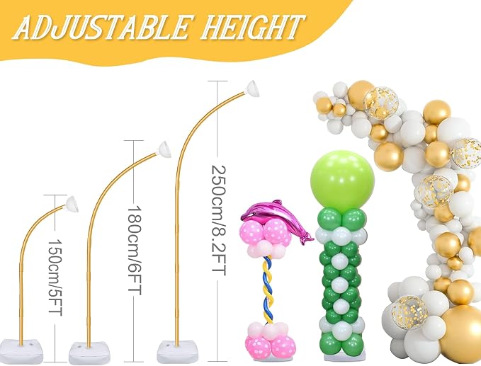 AerWo [Upgraded] Balloon Arch Kit 8.2ft+6ft, Gold Half Balloon Arch Stand with Base, Free Bending Top Curve Balloon Frame Stand for Floor Birthday Wedding Christmas Decorations