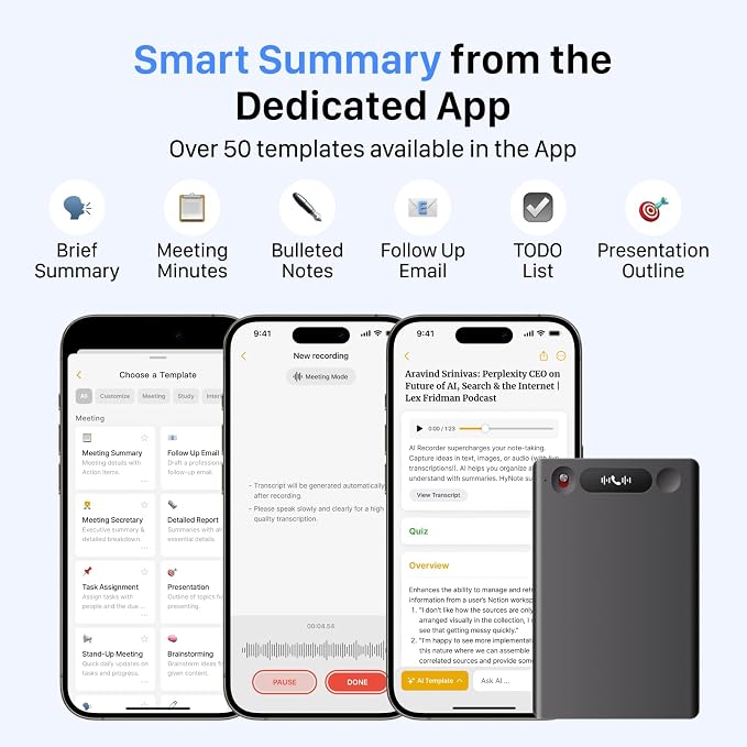 AI Voice Recorder for Phone Calls, Meetings & Lectures | Smart AI Note-Taking Device with Dedicated App for Transcription, Summary & Notes | Magnetic Case, 32GB (Up to 2000 Hours) | PDF Summary