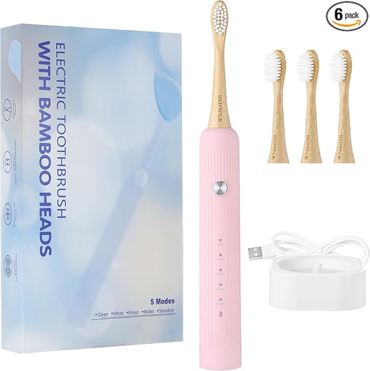 Bamboo Electric Toothbrush for Adults，Sonic Electric Toothbrush with 4 Bamboo Heads, Soft Castor Oil Bristles, 5 Modes, Smart Timer, Sonic Technology, IPX7 Waterproof, 70-Day Battery Life-Pink