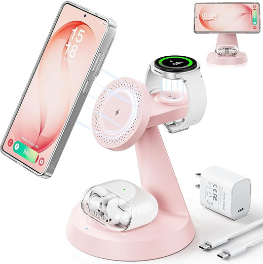 Meifigno Magnetic Wireless Charger for Samsung, 3 in 1 Charging Station Compatible with MagSafe Samsung Charger for Galaxy S26 Ultra S25 Z Fold7/Flip7, Charger Stand for Galaxy Watch Ultra 8 7, Pink
