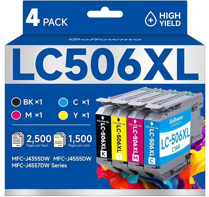LC506XL LC506 Ink Cartridges for Brother Printer LC 506 XL 506XL LC506XL Inks Cartridges Compatible for Brother MFC-J4355DW MFC-J4555DW MFC-J4557DW Series Printer (4-Pack High Yield, BK/C/M/Y)