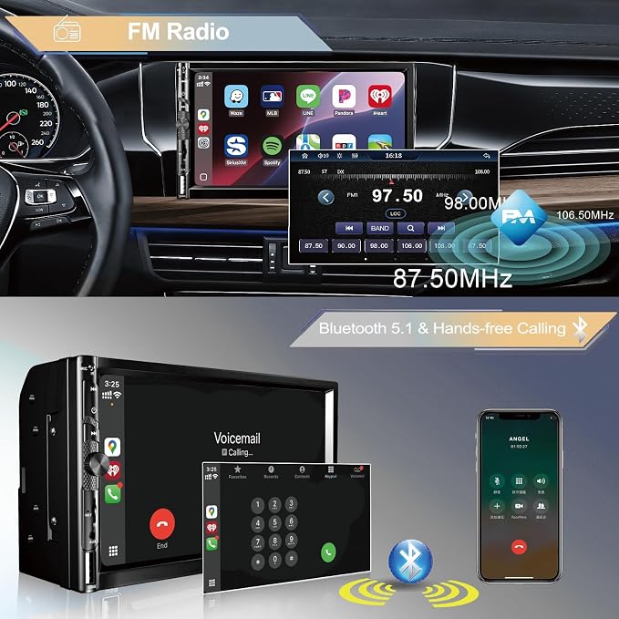 7 Inch Car Stereo with Wireless Apple CarPlay,Double Din Car Radio Androdi Auto,Bluetooth 5.2,IPS 1024 * 600 Display,FM Radio, Backup Camera,Online Navigation,178 * 100mm,Car Audio Receivers