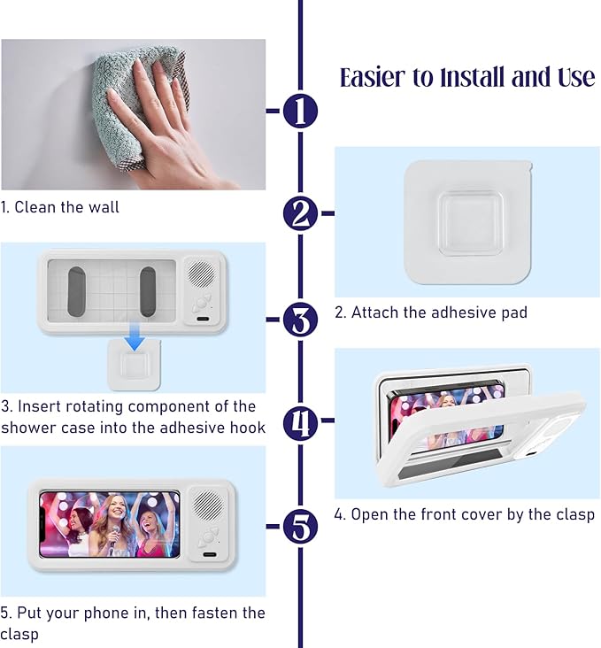 Shower Phone Holder with Wireless Bluetooth Speaker, Waterproof 480 Rotation Viewable Shower Phone Stand Case Mount Speakers for Bathroom Wall Mirro for 4"- 6.8" Cell Phones ,Gift for Mom(White)