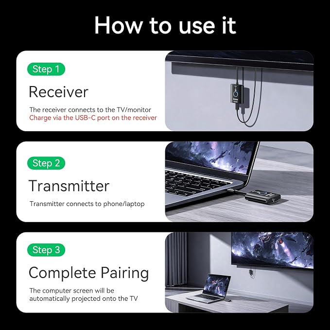 USB C Wireless HDMI Transmitter and Receiver, 165 FT/50M Plug & Play Portable 5G+2.4G Extender 4K Decode Input 1080P@60Hz Output for Video and Audio to Monitor from PC/Projector/TV Box